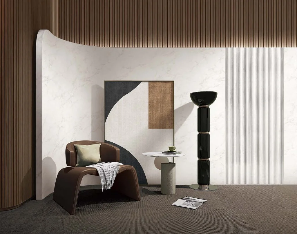 Lounge interior with walls resurfaced in Bodaq marble and woodgrain interior film